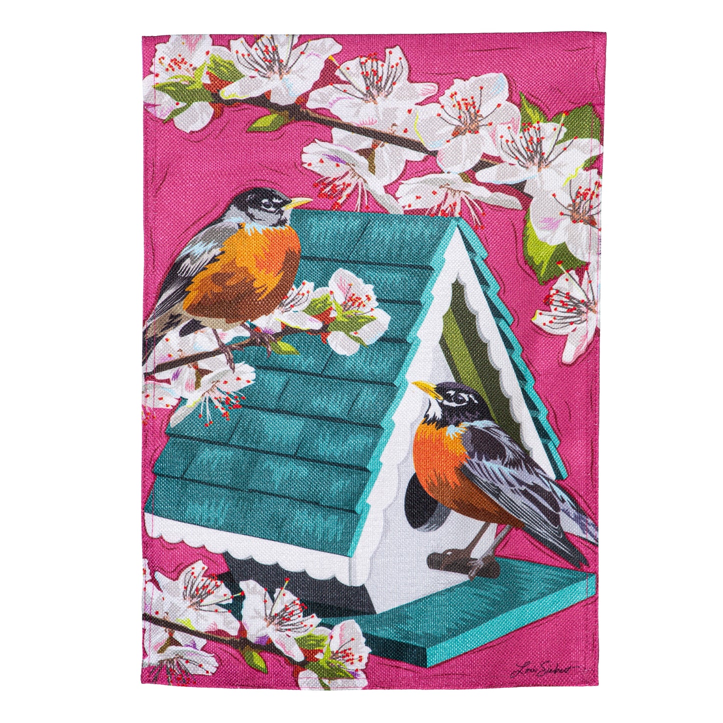 Evergreen Cherry Blossoms and Friends Burlap Garden Flag