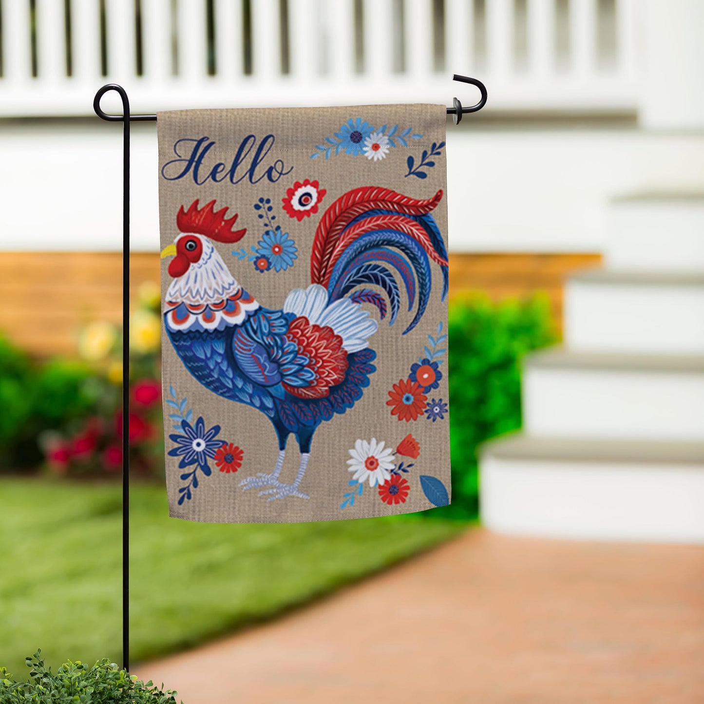 Evergreen Rooster Burlap Garden Flag