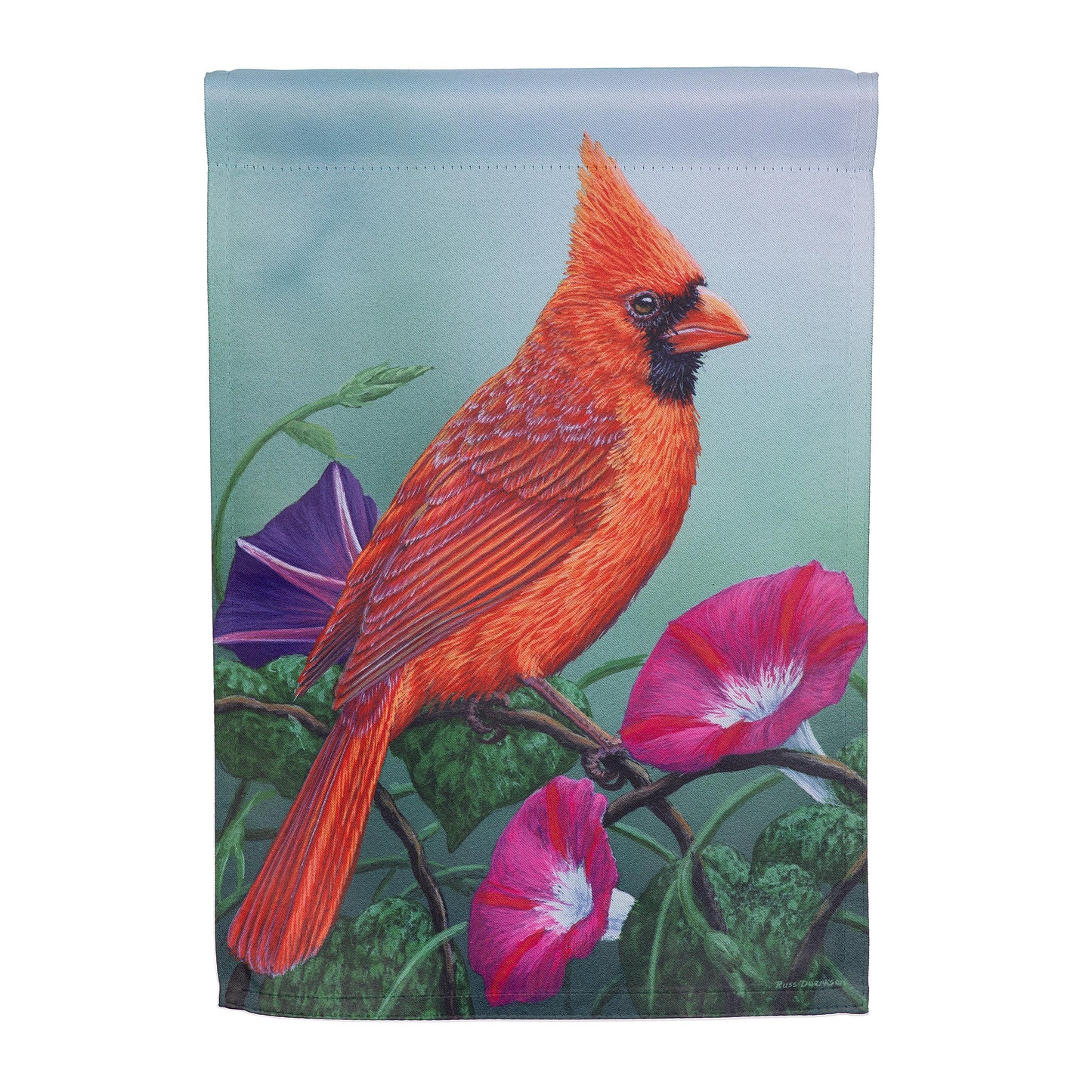 Evergreen Cardinal on Morning Glory Suede Garden Flag