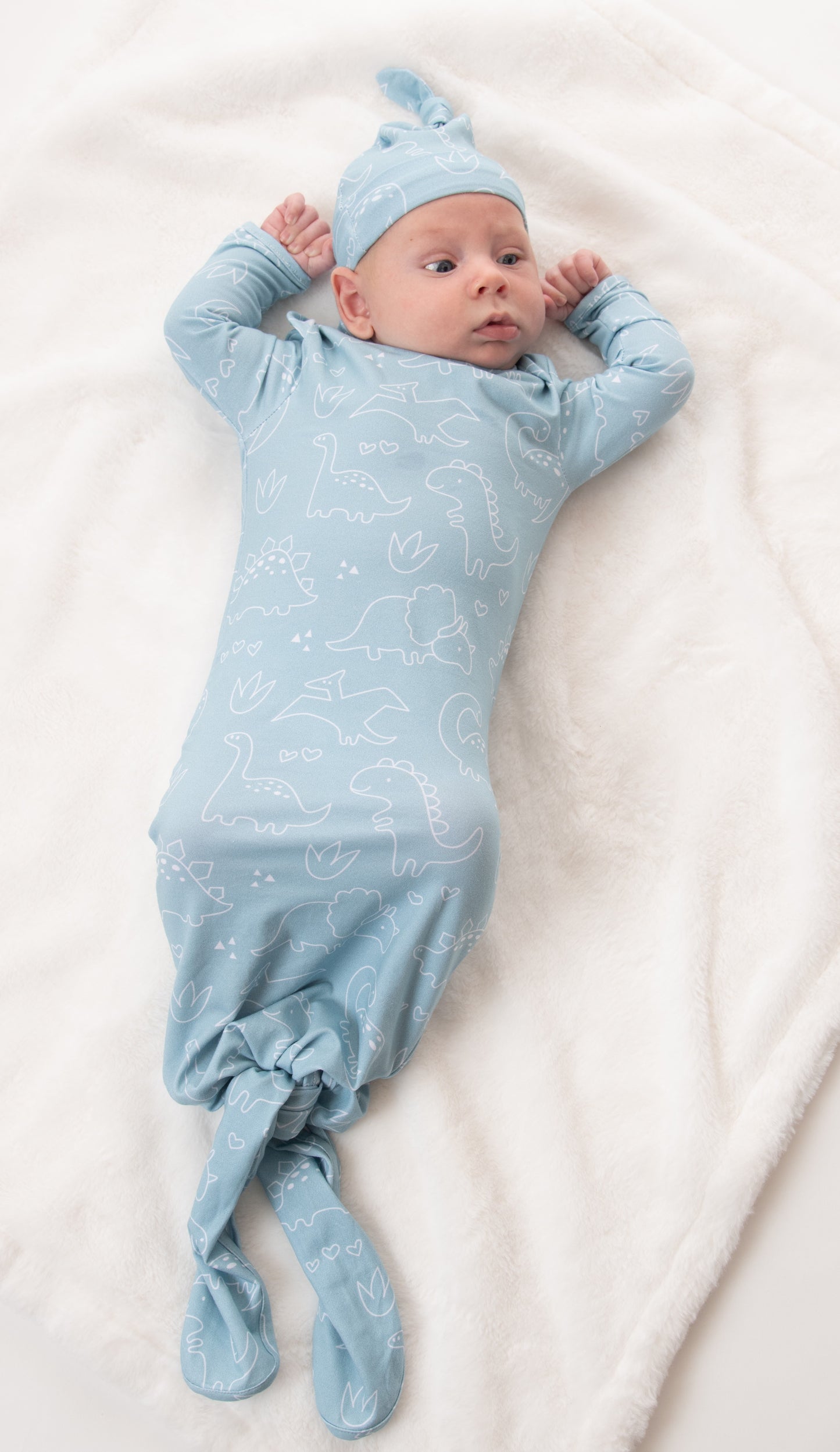 London Bridge Blue Dinosaur Knotted Sack Gown with Hat 0-3M