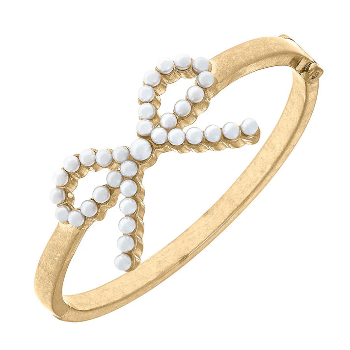 CANVAS Kellie Pearl-Studded Bow Hinge Bangle in Worn Gold