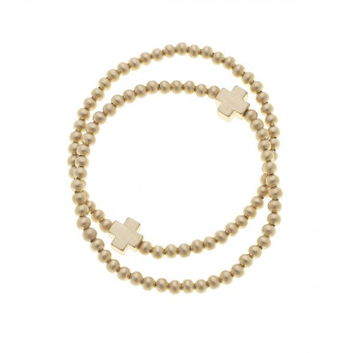 CANVAS Isa Cross Ball Bead Bracelet in Satin Gold - Set of 2