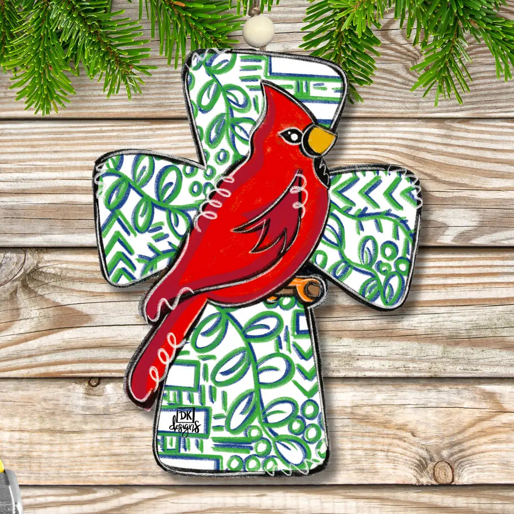 DK Designs Cardinal Cross Ornament