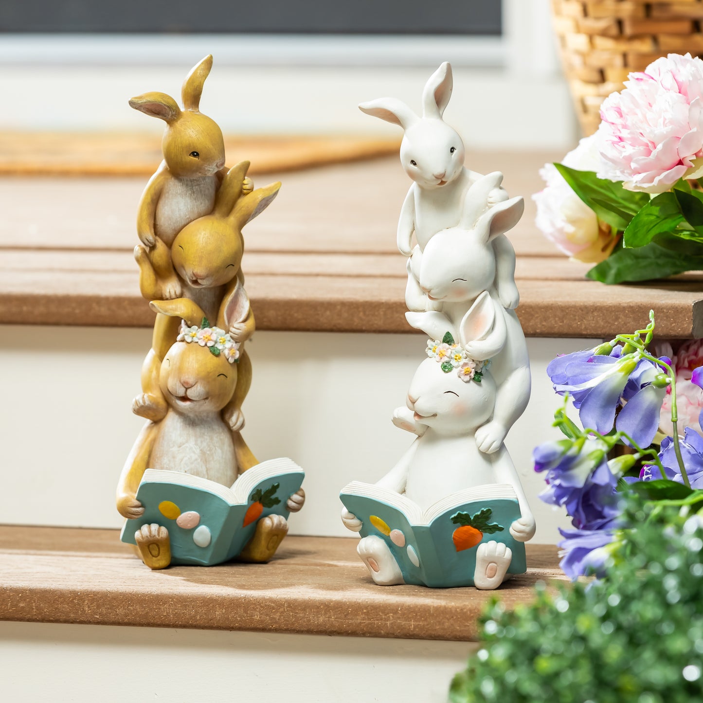 Spring Reading Rabbit Family Statue