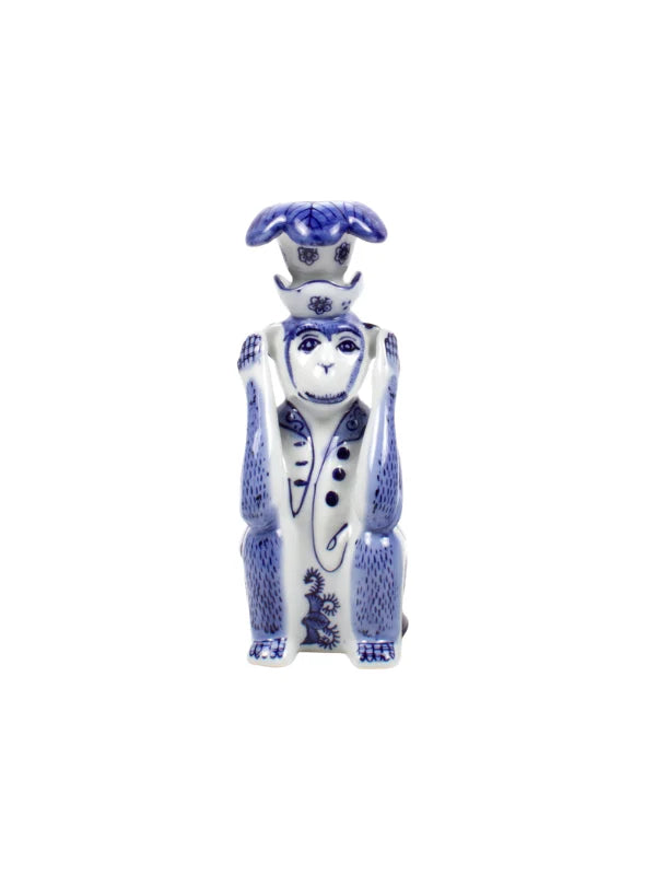 8 Oak Lane Blue Chinoiserie Monkey Candlestick