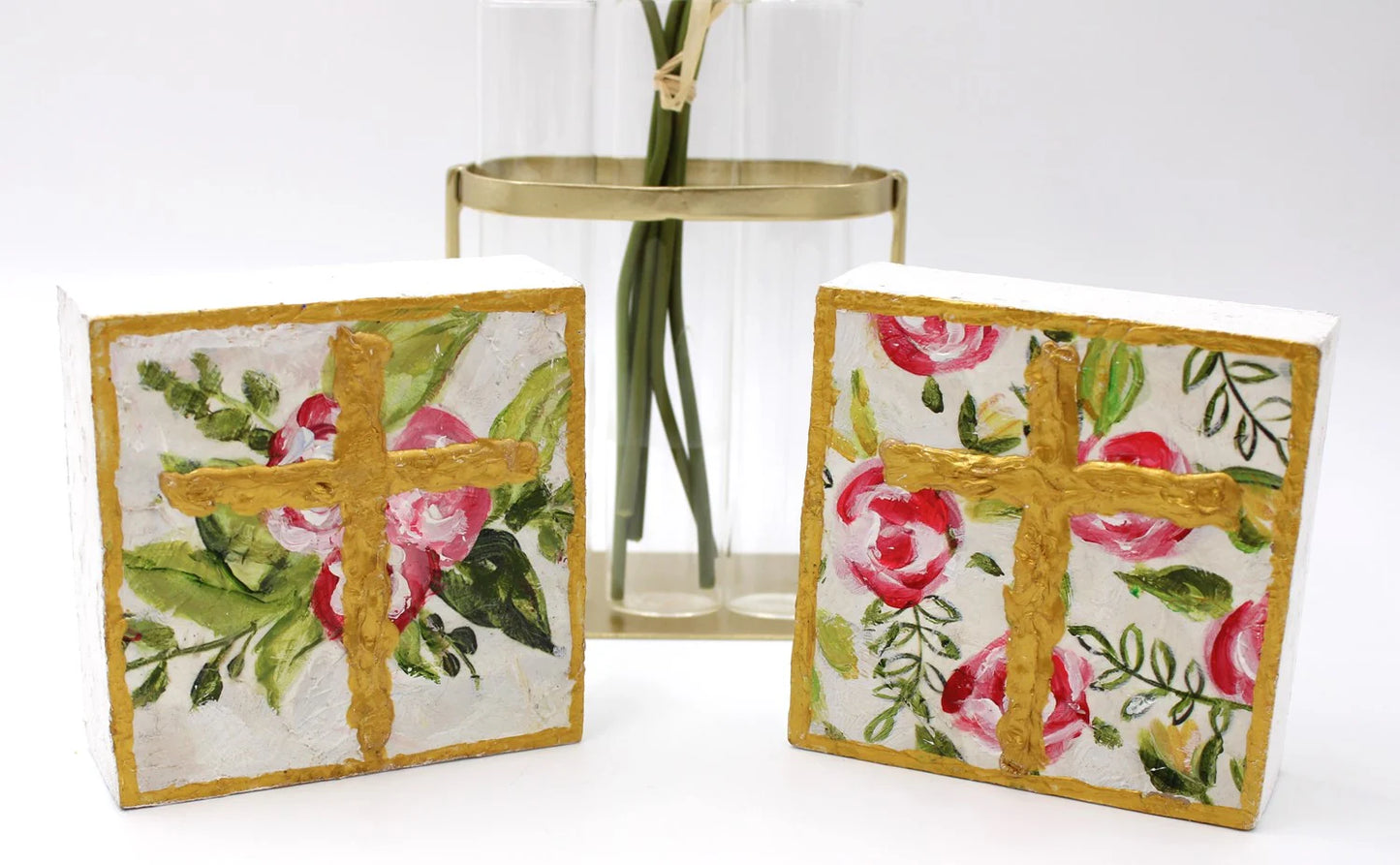 Trade Cie 4" x 4" Hand Painted Floral Wood Cross