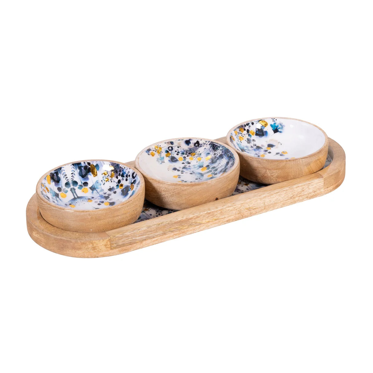 Evergreen Viva Style Gilded Meadow Wood Tray with 3 Bowls