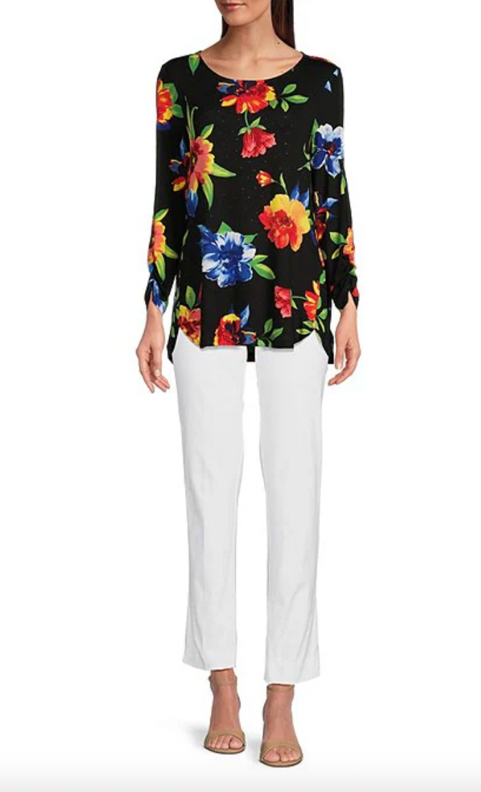 Ali Miles Tropical Floral Printed Round Neck High Low Hem Pullover Tunic