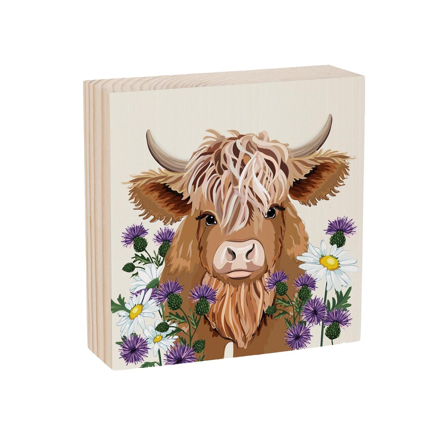 Evergreen Petal & Plow Highland Cow Sign Wood Block, 6"x6"