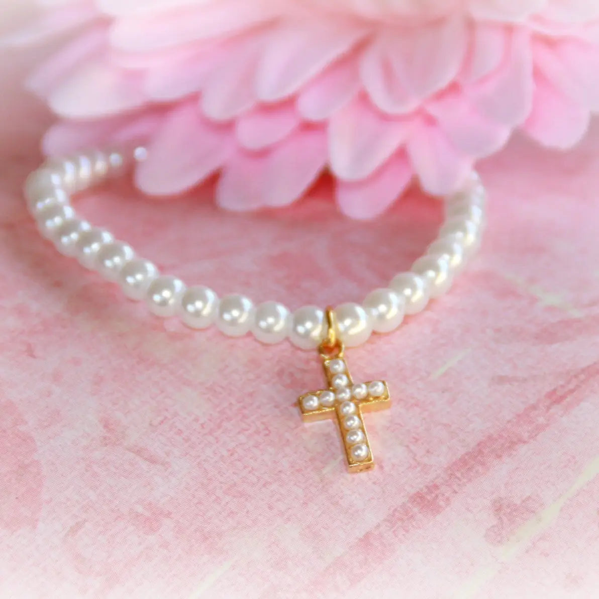 Girl Classic Gold Cross Pearl 6" Bracelet