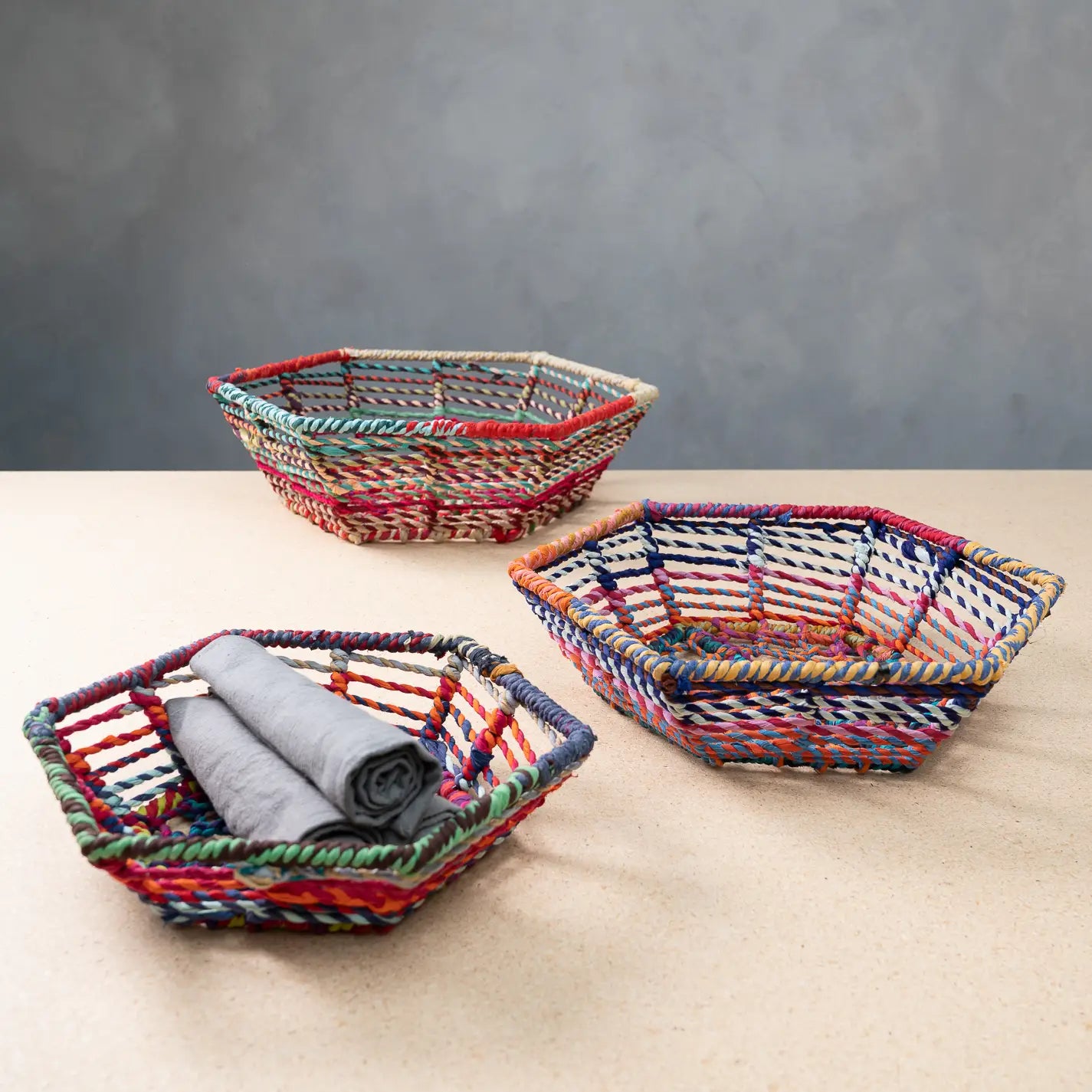 India Handicrafts Iron Multi-Color Jute Net Hexagon Baskets