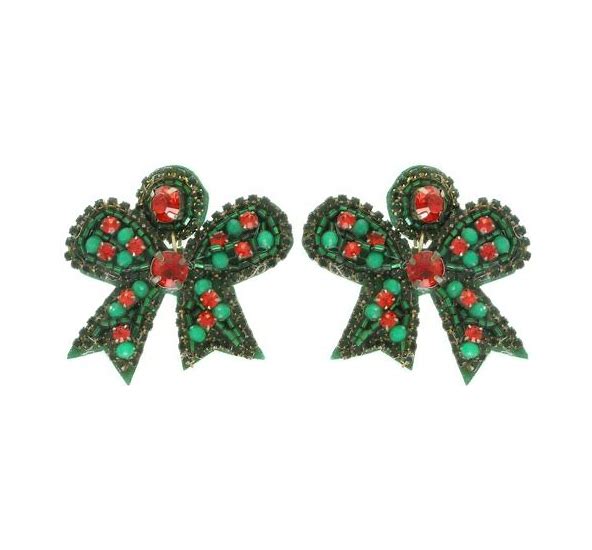 Sophia Collection Holiday Christmas Bow Seed Beaded Post Dangle Earrings