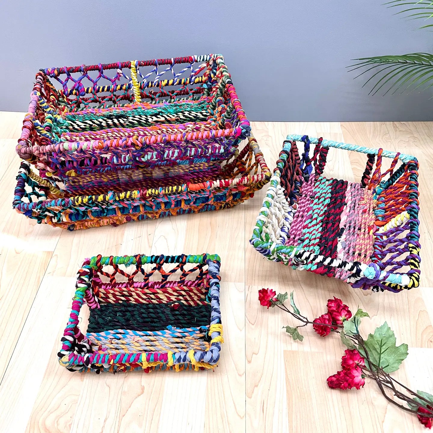 India Handicrafts Multi-Color Jut Net Rectangle Handle Baskets