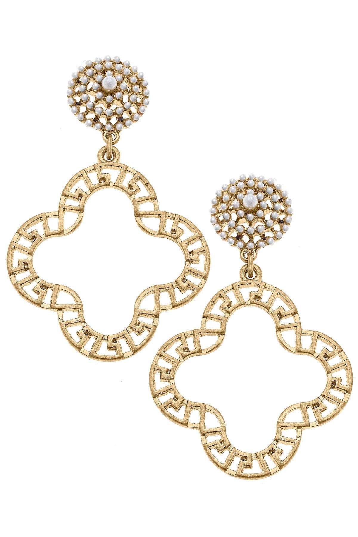 CANVAS Emilia Greek Keys Clover & Pearl Studded Statement Earrings in Worn Gold