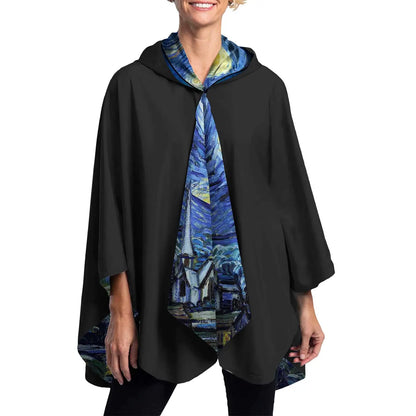 RainCapers Van Gogh Starry Night Reversible Rain Cape – Lightweight Hooded Wrap For Women