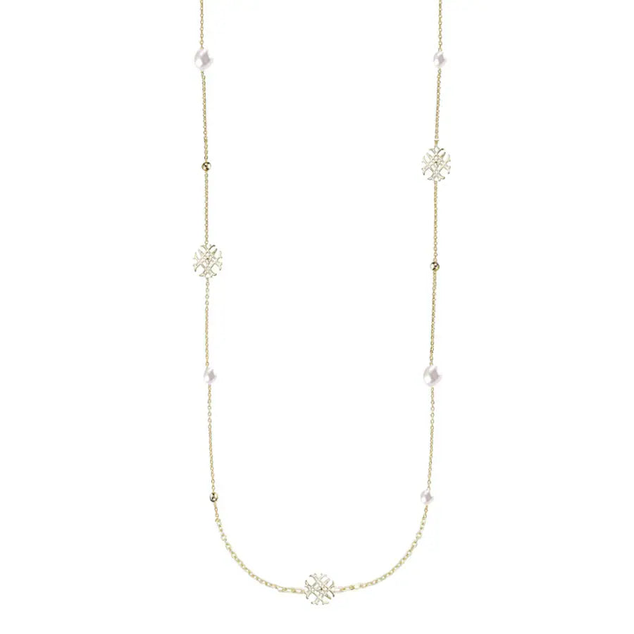 Natalie Wood Designs Adorned Pearl Logo Station Necklace Gold