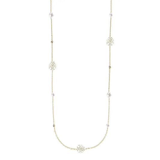 Natalie Wood Designs Adorned Pearl Logo Station Necklace Gold