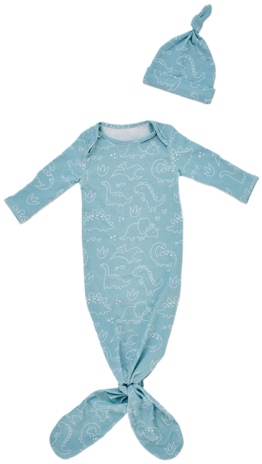 London Bridge Blue Dinosaur Knotted Sack Gown with Hat 0-3M