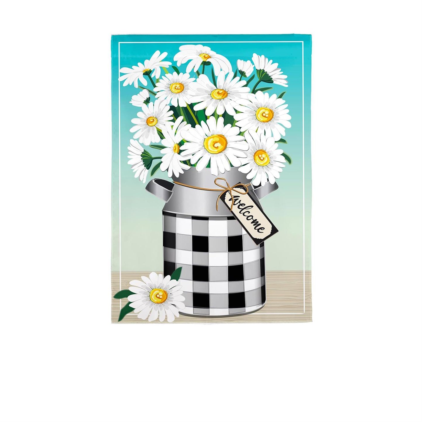 Evergreen Milk Can with Daisies Burlap Garden Flag