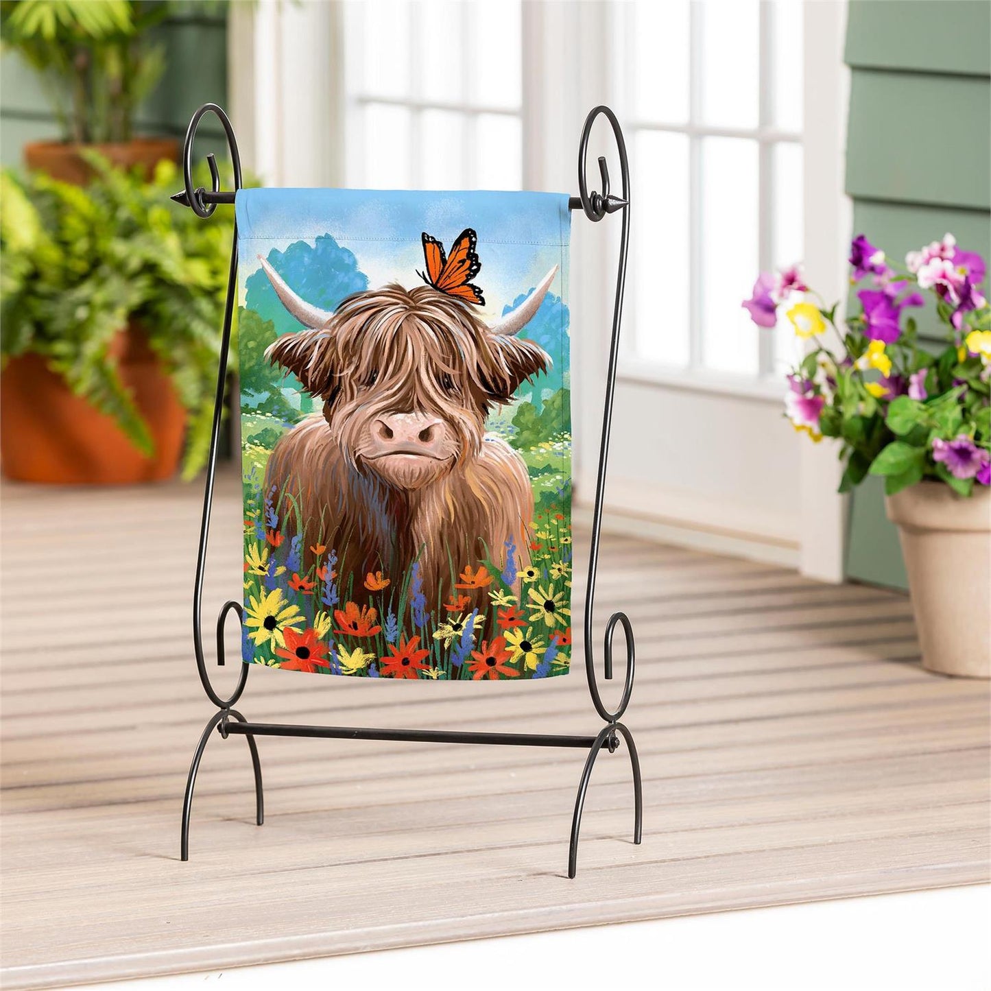 Evergreen Highland Cow Named Summer Suede Garden Flag