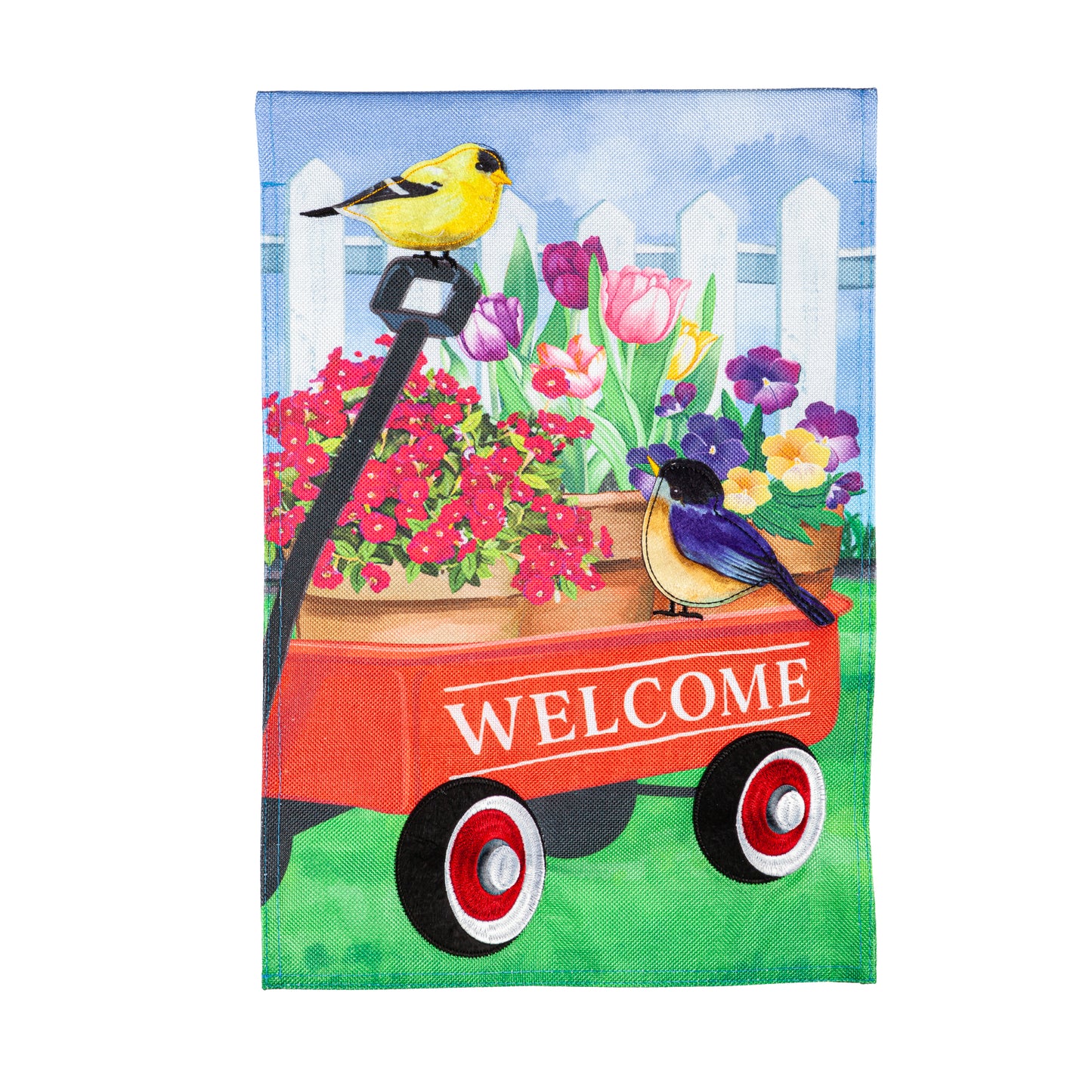 Evergreen Flower Wagon Burlap Garden Flag