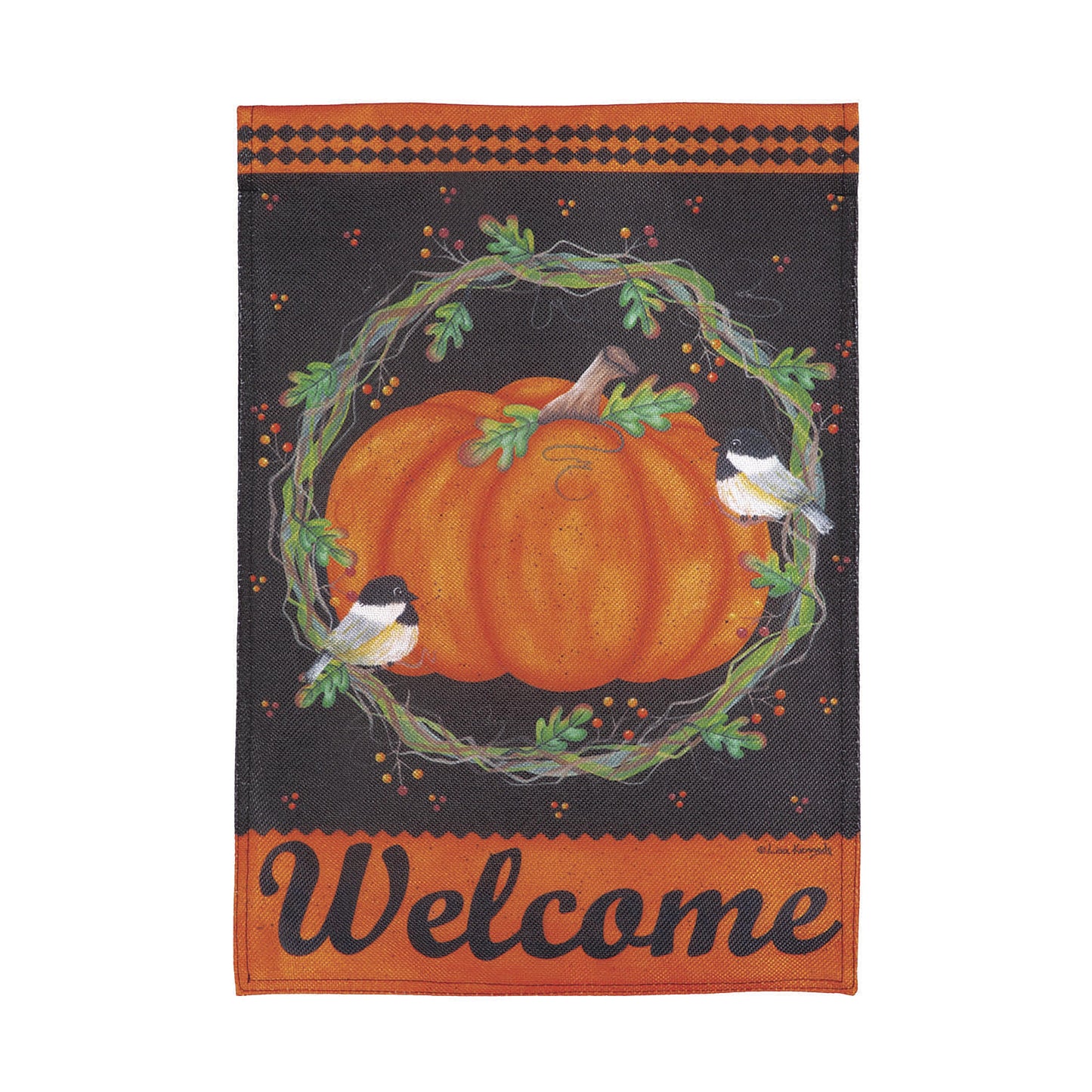 Chickadee and Pumpkin Burlap Garden Flag