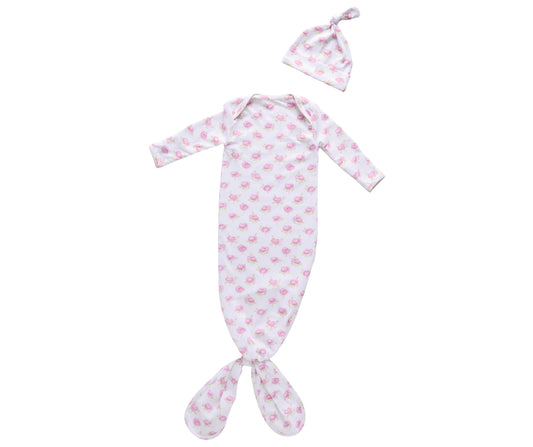 London Bridge Blushing Blossom Knotted Sack Gown with Hat 0-3M