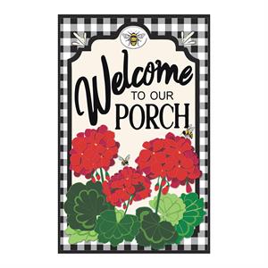 Evergreen Welcome to Our Porch Geraniums Applique Garden Flag