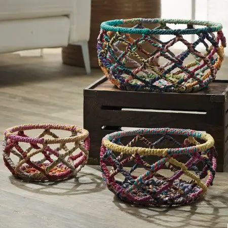 India Handicrafts Colorful Round Jute Baskets