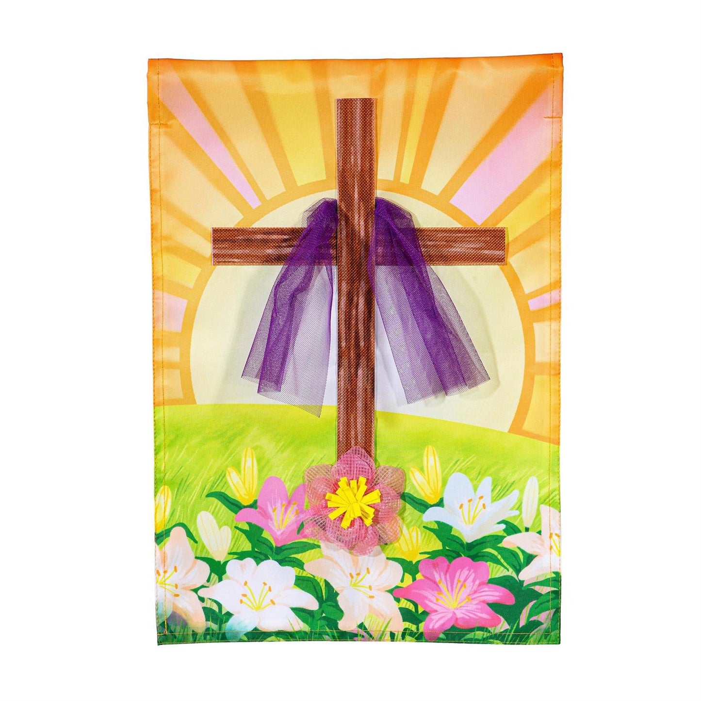 Evergreen Easter Cross With Lilies Applique Garden Flag - gg's art frames gifts