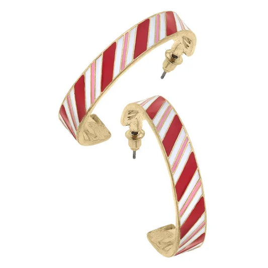 CANVAS Candy Cane Lane Enamel Hoop Earrings in Red & Pink Stripes