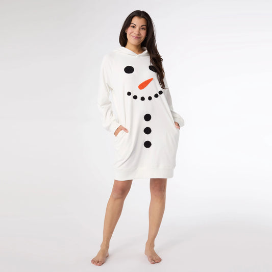 Coco + Carmen Snug Haven Hoodie Snowman Dress - White