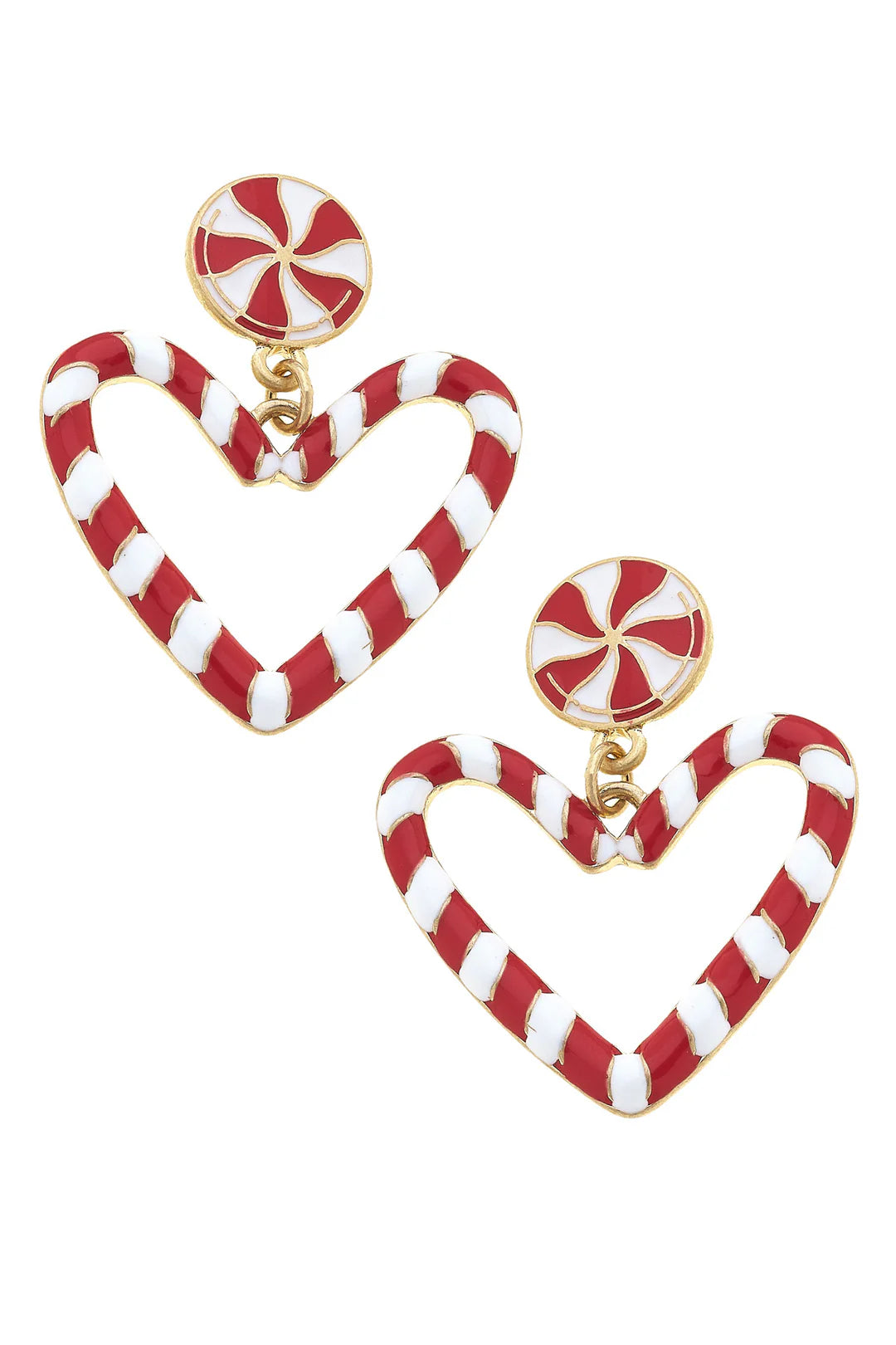 Canvas Style Candy Cane Hearts Enamel Drop Earrings in Red & White