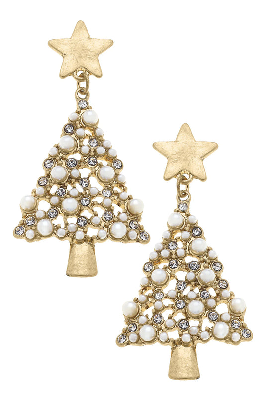 Canvas Style White Christmas Pearl Studded Enamel Christmas Tree Earrings in Ivory & Gold