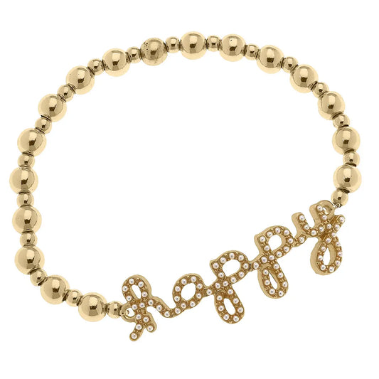 CANVAS Molly Pearl Studded Happy Children's Stretch Bracelet in Worn Gold