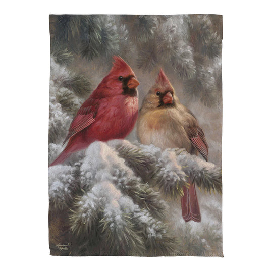 Evergreen Frosted Cardinals Suede Garden Flag