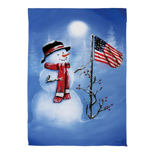 Evergreen Patriotic Snowman Suede Garden Flag