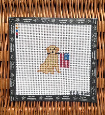New Age Needlepoint Patriotic Golden Retriever Canvas