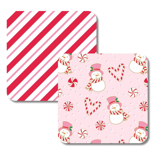 CANVAS Snowman Candy Cane Stripe Double Sided Thick Paper Coasters