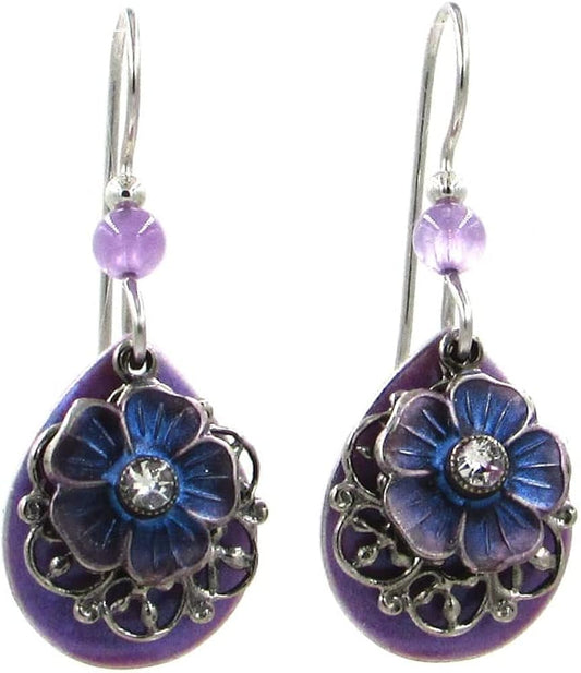 Silver Forest Purple Tear with Purple Flower Drop Earrings