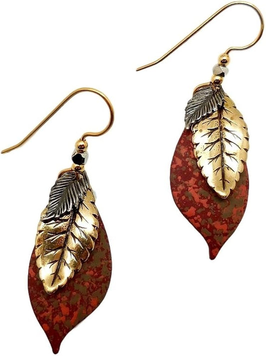 Silver Forest Mixed Metal Layered Leaves Dangle Earrings