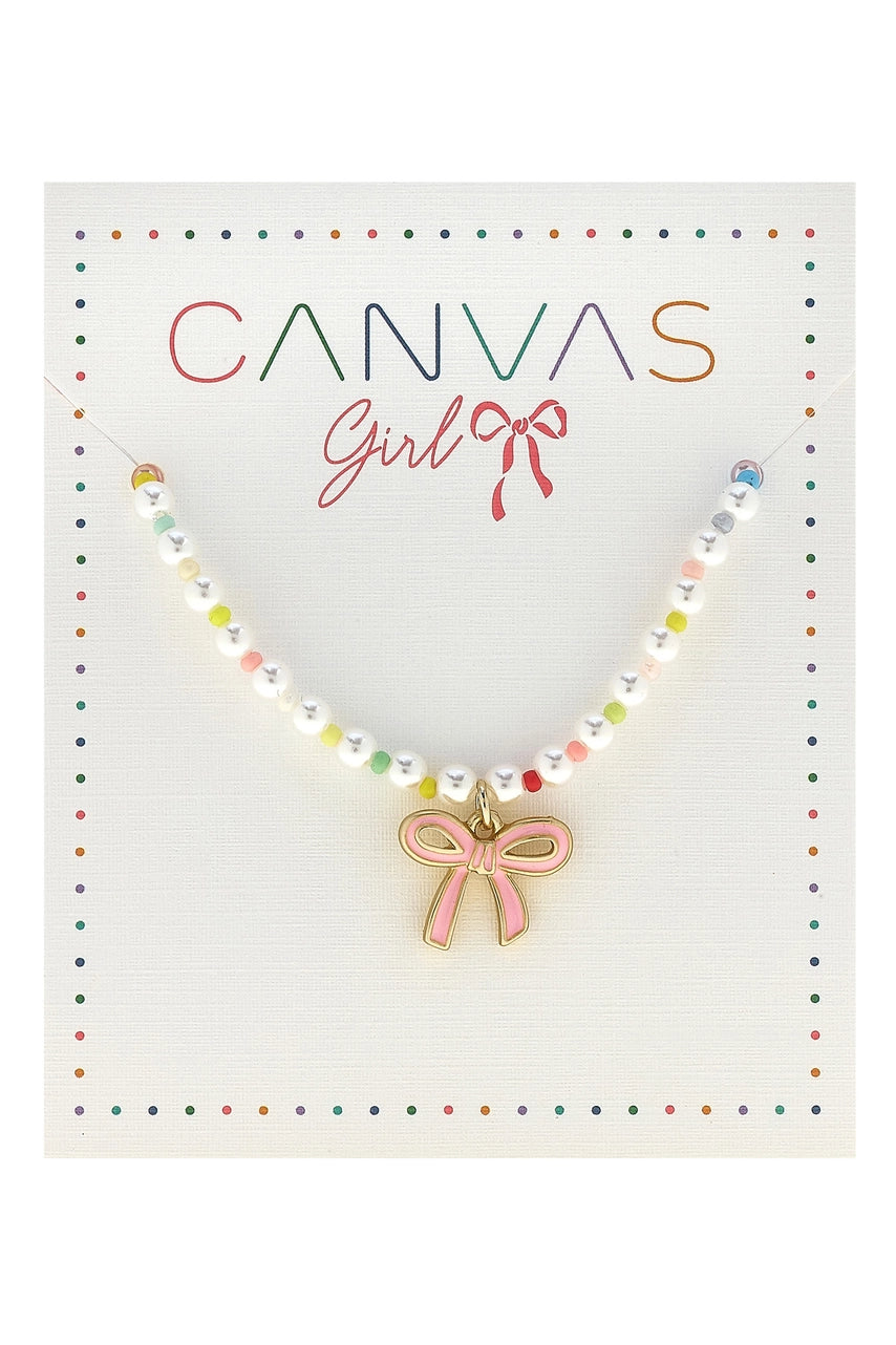 CANVAS Clementine Beaded Pearl Bow Children's Necklace in Light Pink