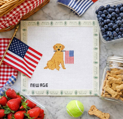 New Age Needlepoint Patriotic Golden Retriever Canvas