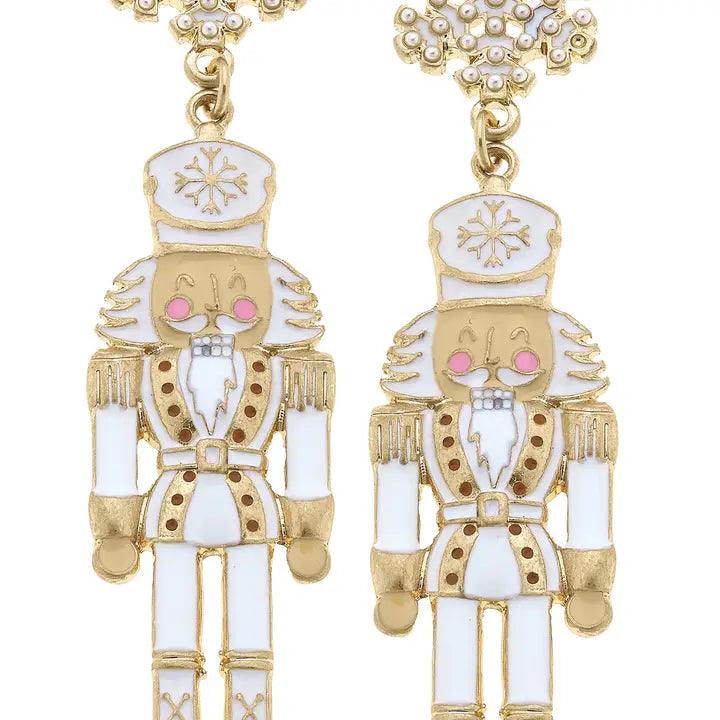 CANVAS Pearl Studded Snowflake Enamel Nutcracker Earrings in Ivory