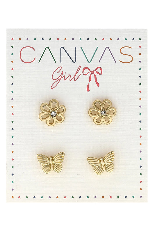 CANVAS Cleo Open Flower & Butterfly Children's Stud Earrings Set of 2