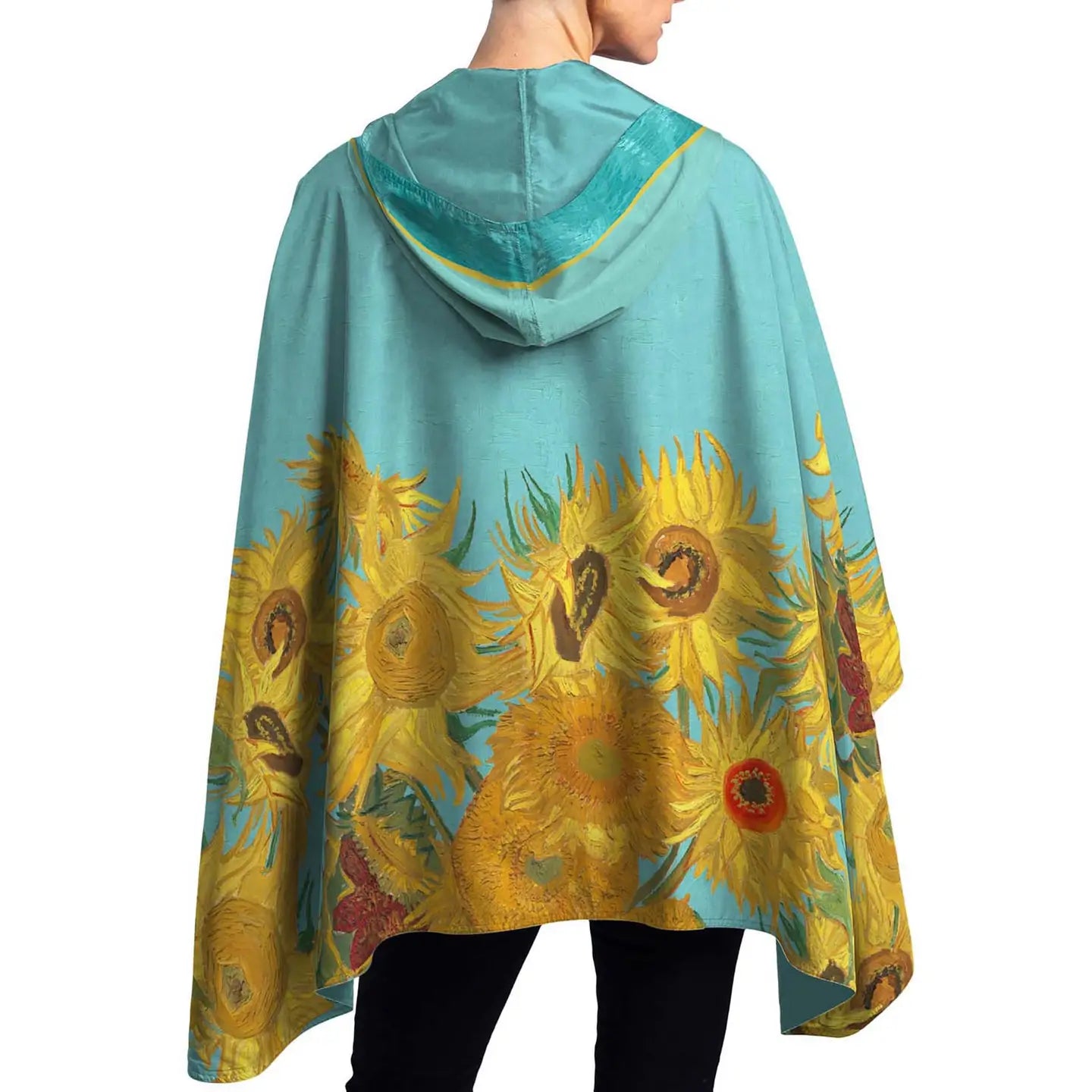 RainCapers Van Gogh Sunflowers Reversible Rain Cape – Lightweight Hooded Wrap For Women