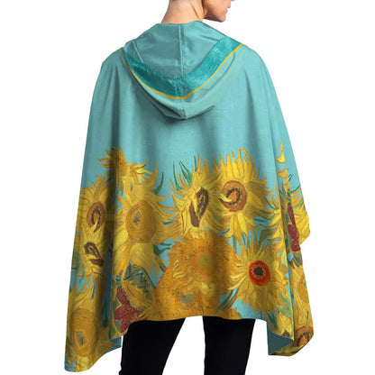 RainCapers Van Gogh Sunflowers Reversible Rain Cape – Lightweight Hooded Wrap For Women