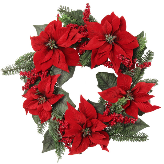 Larksilk 22" Red Velvet Poinsettia Wreath with Silk Flowers & Berries