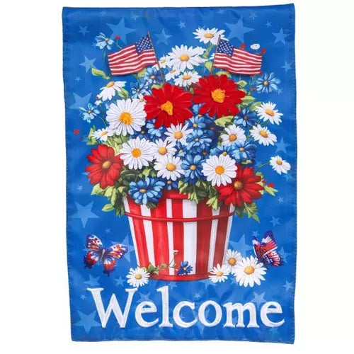 Evergreen Basket of Patriotic Flowers Applique Garden Flag
