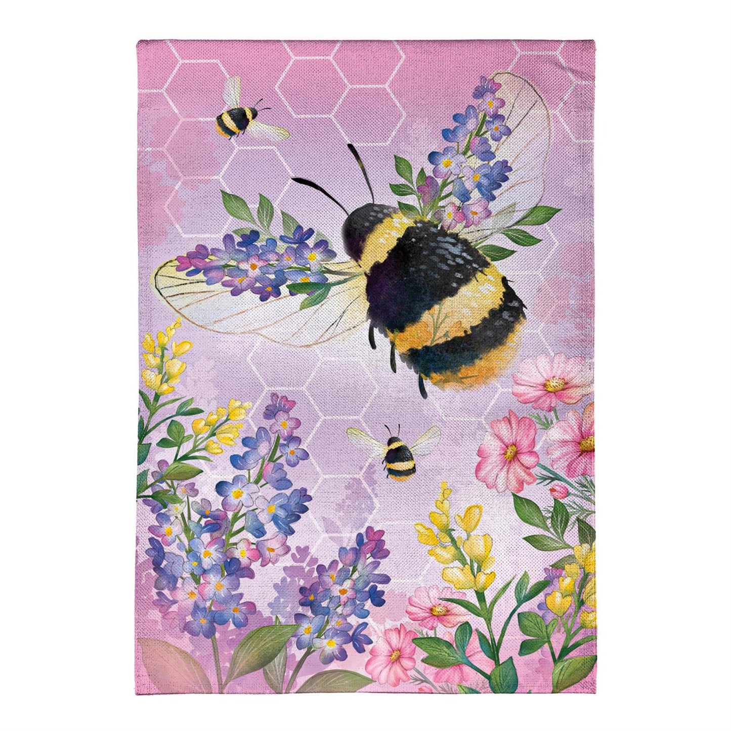 Evergreen Pollinator Garden Pink Florals Bee Burlap Garden Flag